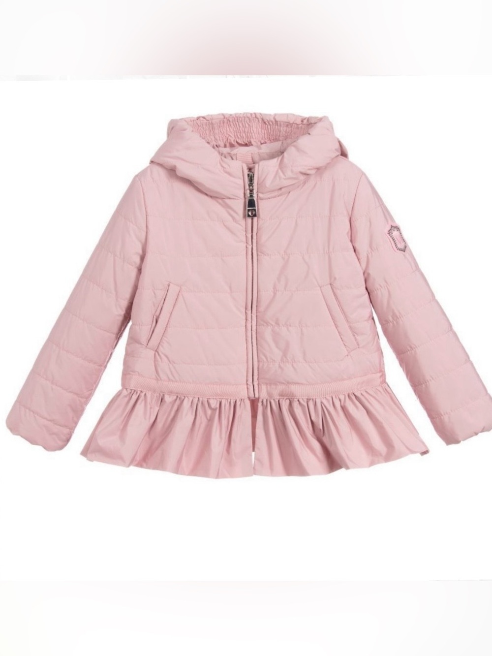 Monnalisa Girls Lightweight Hooded Ruffled Puffer Jacket, Pink, 8Y